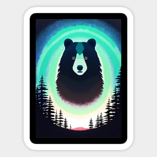 Nighttime Forest Bears - beautiful abstract painting of kawaii cute bears in a colorful night forest, outdoor nature anime cartoon style of rainbow color cyan, pink, red, blue, yellow, green. Sticker